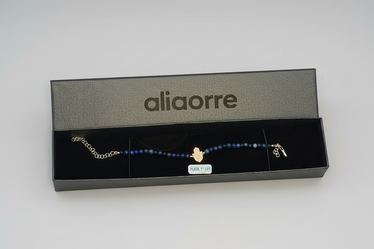 Pulsera de lapislázuli con Mano de Fátima en plata de ley 925